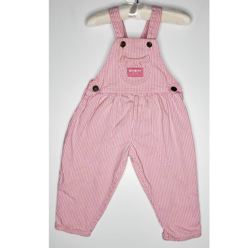 VTG OshKosh B'Gosh Vestbak Toddler Girls Pink White Stripe Bib Overalls USA 2T